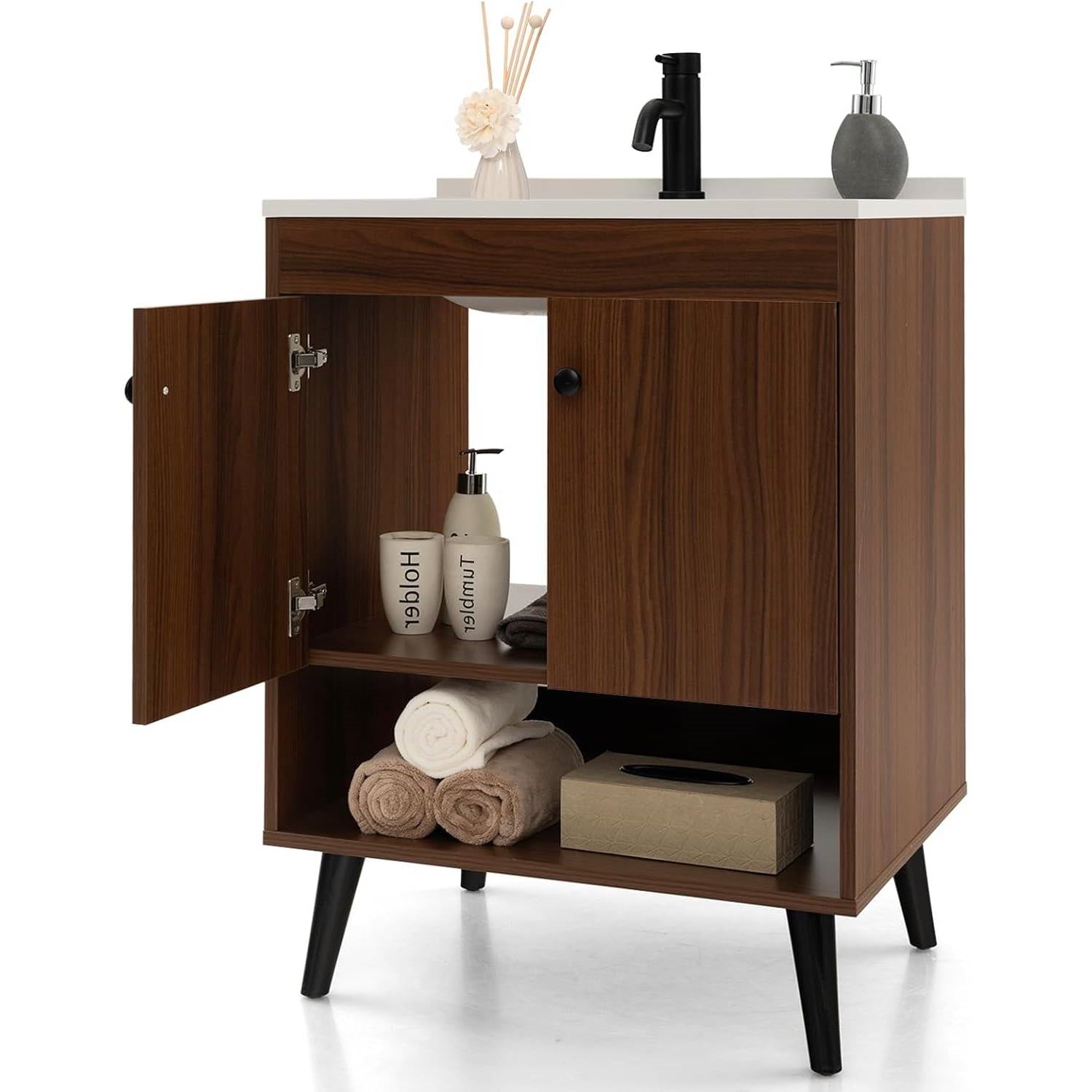 Mid-Century Modern Bathroom Vanity in Walnut Wood Finish with Sink FastFurnishings
