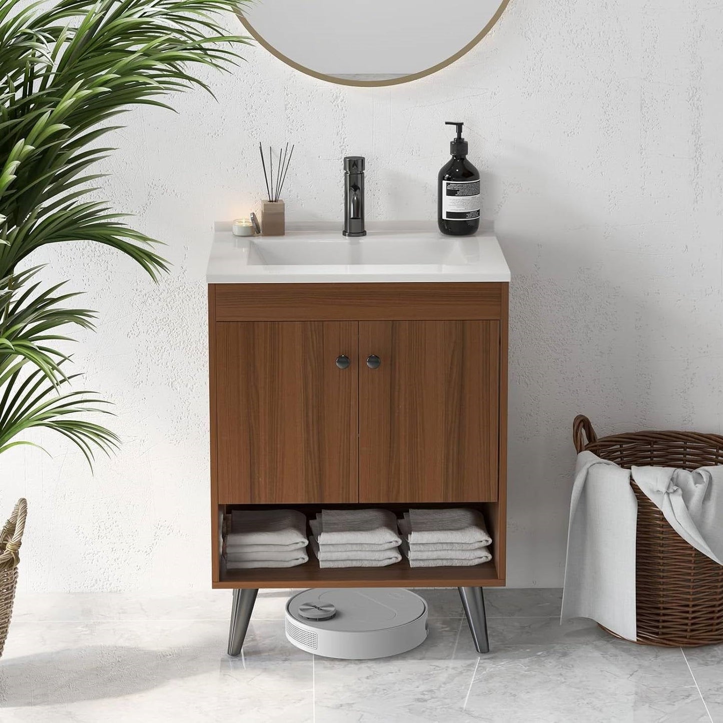 Mid-Century Modern Bathroom Vanity in Walnut Wood Finish with Sink FastFurnishings