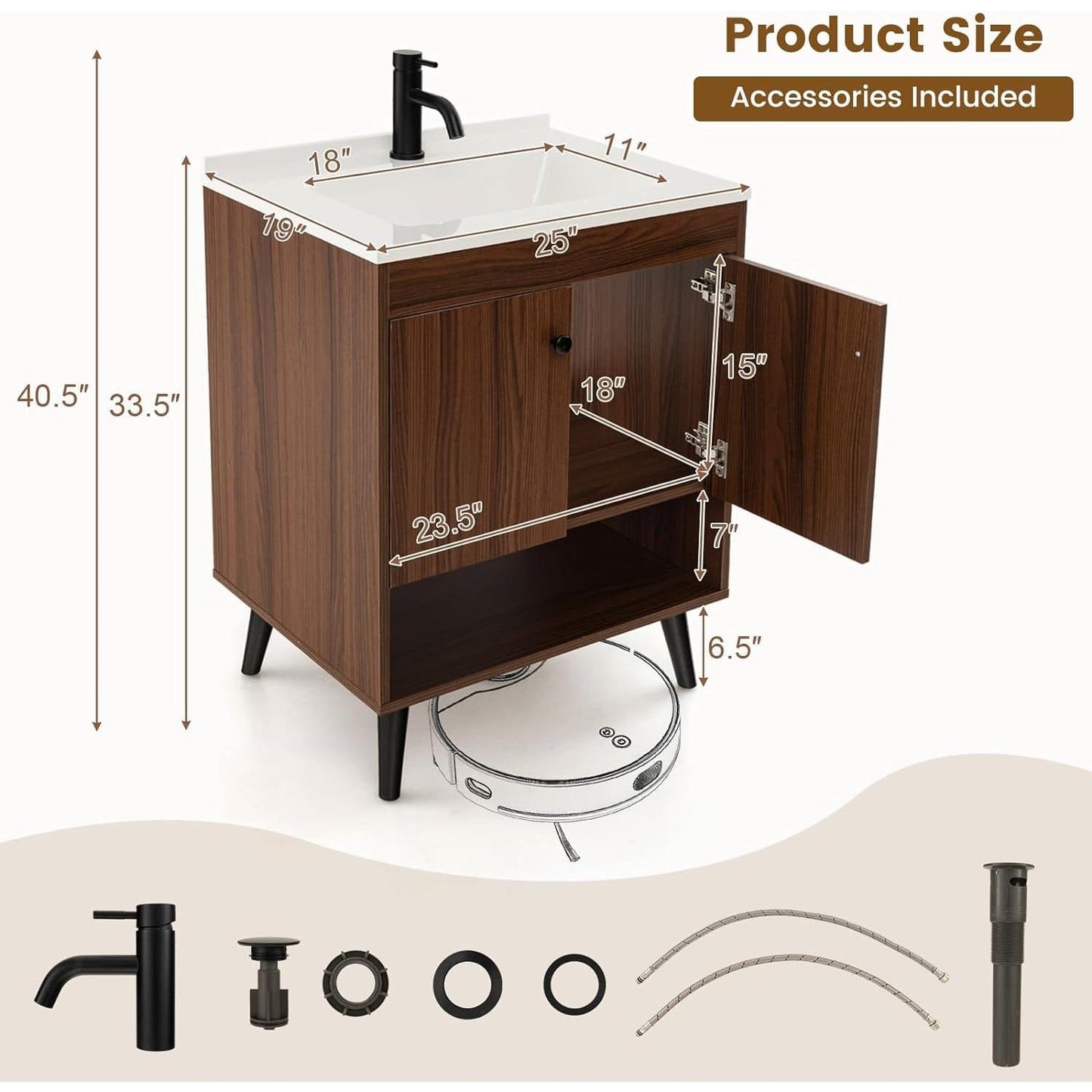 Mid-Century Modern Bathroom Vanity in Walnut Wood Finish with Sink FastFurnishings
