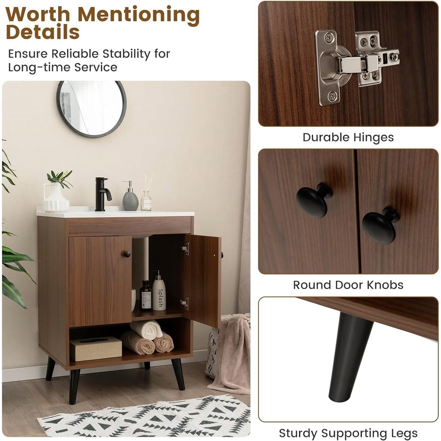 Mid-Century Modern Bathroom Vanity in Walnut Wood Finish with Sink FastFurnishings