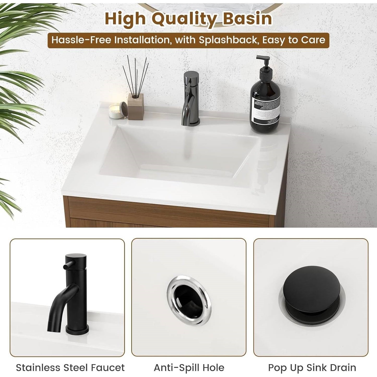 Mid-Century Modern Bathroom Vanity in Walnut Wood Finish with Sink FastFurnishings
