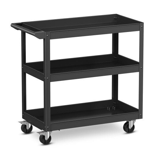 3-Tier Metal Utility Cart Trolley Tool with Flat Handle and 2 Lockable Universal Wheels-Black W2B