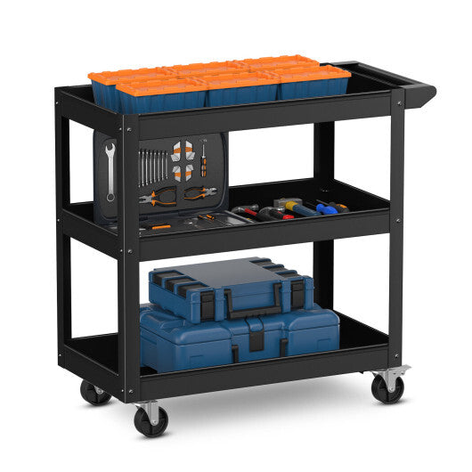 3-Tier Metal Utility Cart Trolley Tool with Flat Handle and 2 Lockable Universal Wheels-Black W2B