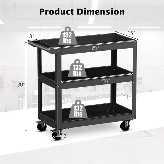 3-Tier Metal Utility Cart Trolley Tool with Flat Handle and 2 Lockable Universal Wheels-Black W2B