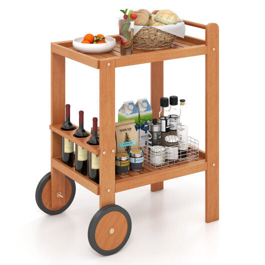 2 Tier Rolling Serving Cart with Wine Bottle Holders and 2 Rubber Wheels W2B