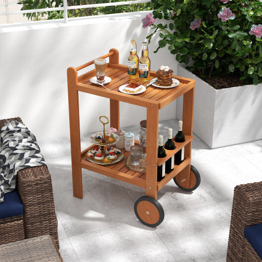 2 Tier Rolling Serving Cart with Wine Bottle Holders and 2 Rubber Wheels W2B