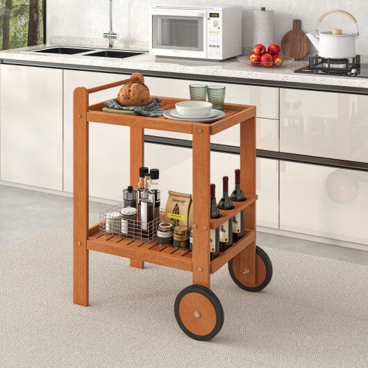 2 Tier Rolling Serving Cart with Wine Bottle Holders and 2 Rubber Wheels W2B