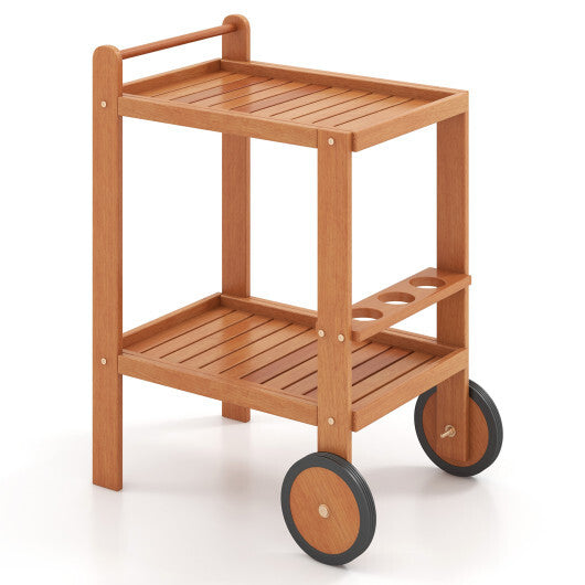2 Tier Rolling Serving Cart with Wine Bottle Holders and 2 Rubber Wheels W2B