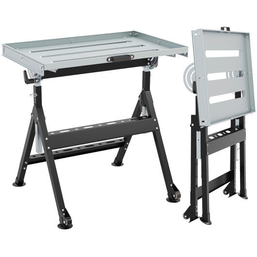 Folding Welding Table Welding Workbench with 2 Fixed Wheels 4-Level Height-Black W2B