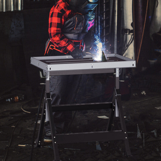 Folding Welding Table Welding Workbench with 2 Fixed Wheels 4-Level Height-Black W2B