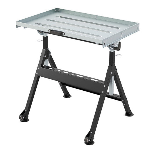 Folding Welding Table Welding Workbench with 2 Fixed Wheels 4-Level Height-Black W2B