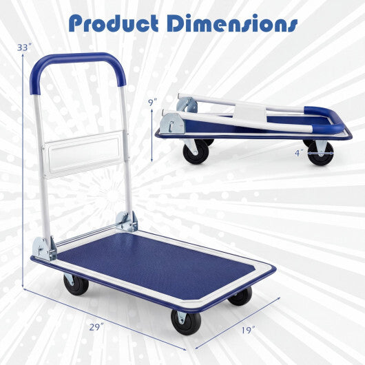 Folding Platform Hand Truck with Collapsible Bed & 4 Wheels for Moving Warehouse-Blue W2B