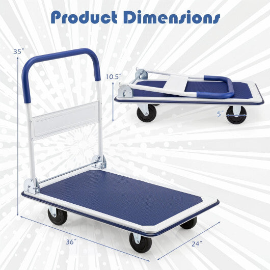 Folding Platform Hand Truck with 4 Wheels & Collapsible Bed for Moving Warehouse-Blue W2B