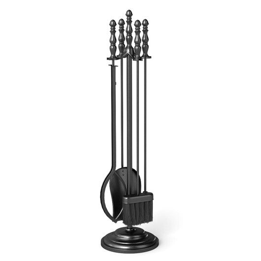 5-Pieces Fireplace Tool Set with Poker Tongs Brush Shovel and Round Stand W2B
