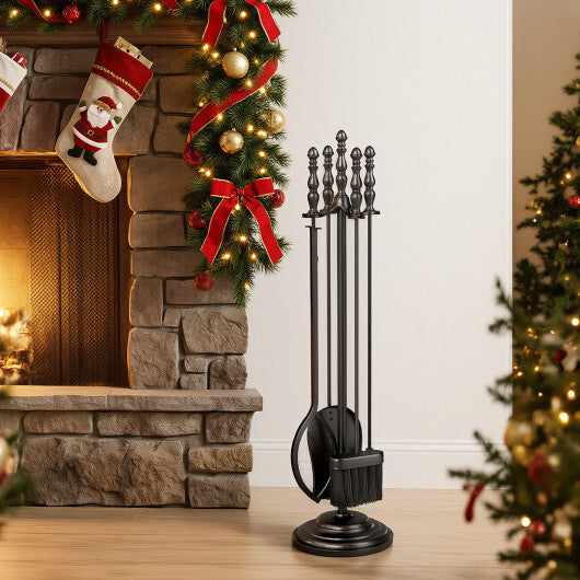 5-Pieces Fireplace Tool Set with Poker Tongs Brush Shovel and Round Stand W2B
