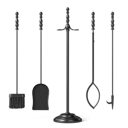 5-Pieces Fireplace Tool Set with Poker Tongs Brush Shovel and Round Stand W2B