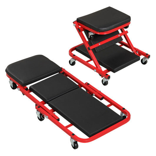 2-in-1 Z-Shaped Rolling Garage Stool 36" Folding Flat Automotive Creeper-Red W2B