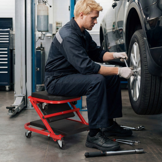 2-in-1 Z-Shaped Rolling Garage Stool 36" Folding Flat Automotive Creeper-Red W2B