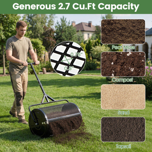 24 Inch Compost Spreader Peat Moss Spreader Roller with Height-Adjustable T-Shaped Handle-Black W2B