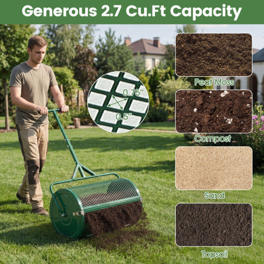 24 Inch Compost Spreader Peat Moss Spreader Roller with Height-Adjustable T-Shaped Handle-Black W2B