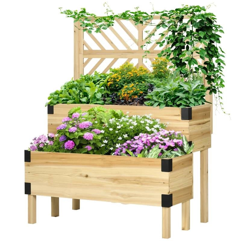2 Tier Self Draining Natural Wood Raised Garden Bed Planter Box with Trellis FastFurnishings