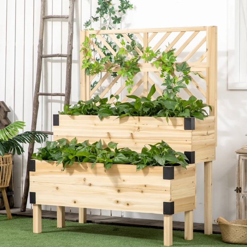 2 Tier Self Draining Natural Wood Raised Garden Bed Planter Box with Trellis FastFurnishings
