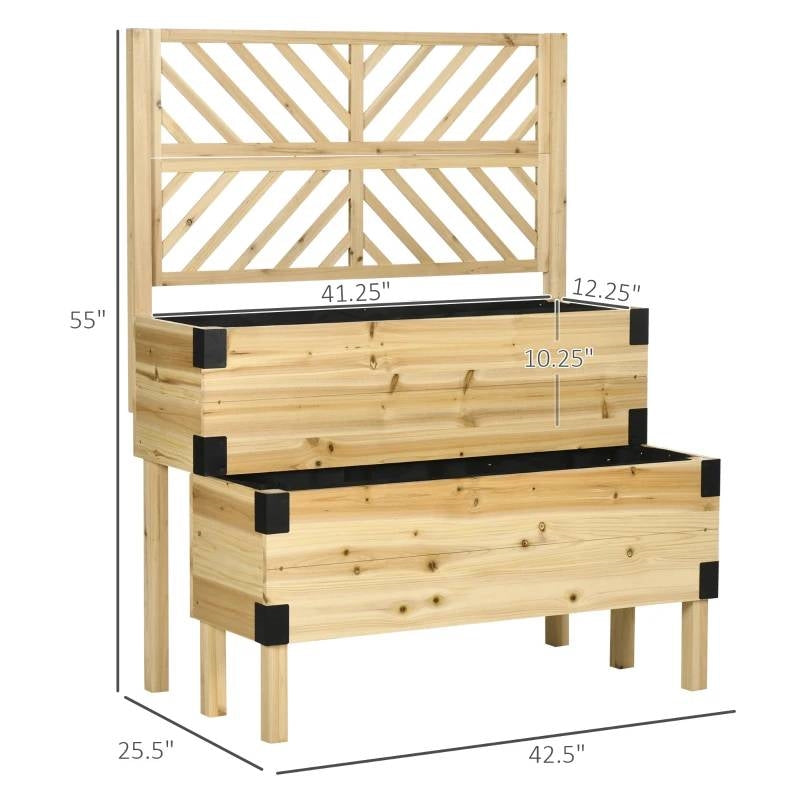 2 Tier Self Draining Natural Wood Raised Garden Bed Planter Box with Trellis FastFurnishings