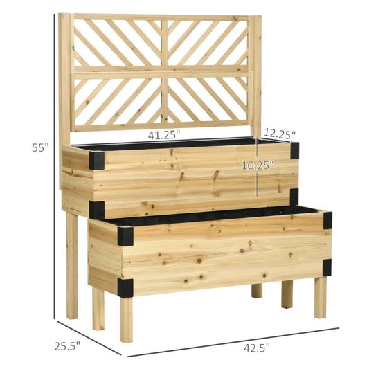 2 Tier Self Draining Natural Wood Raised Garden Bed Planter Box with Trellis FastFurnishings