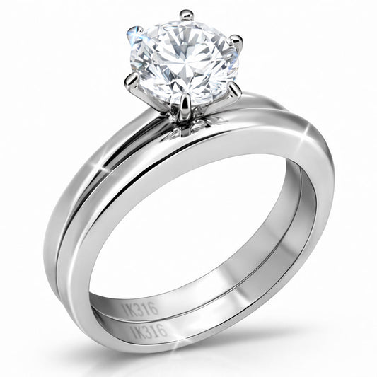 TK097 - High polished (no plating) Stainless Steel Ring with AAA Grade CZ  in Clear-0