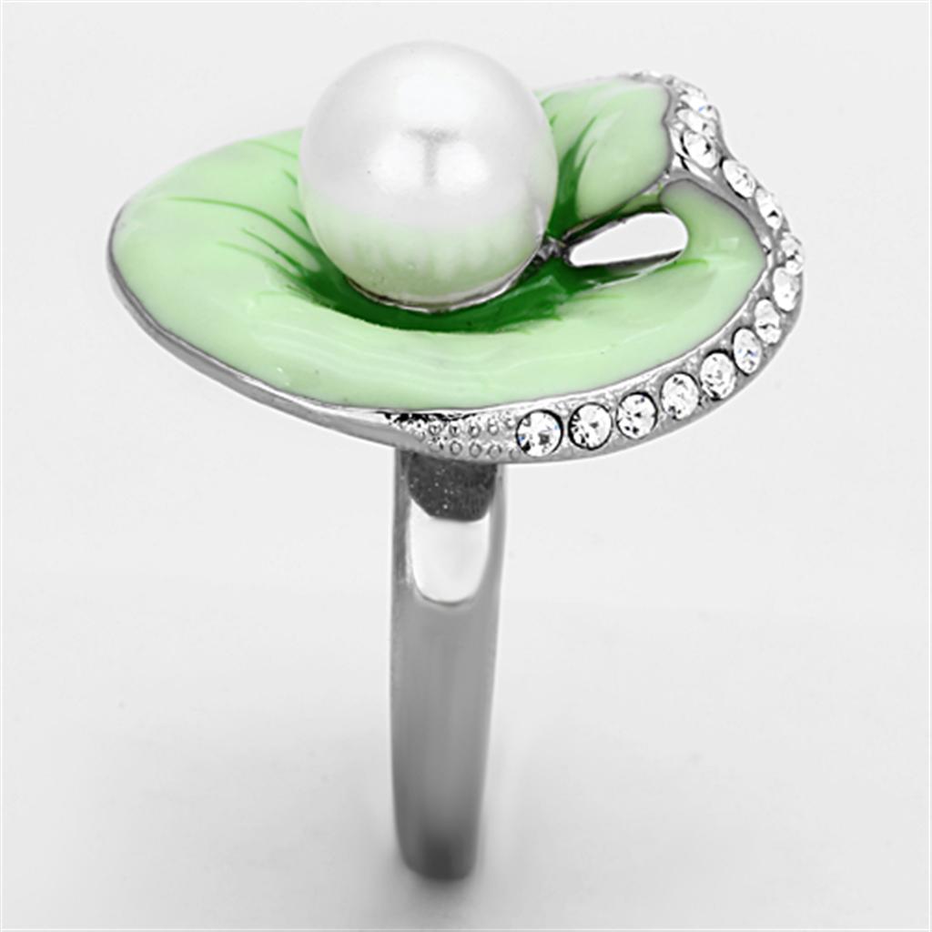 TK1171 - High polished (no plating) Stainless Steel Ring with Synthetic Pearl in White Alamode
