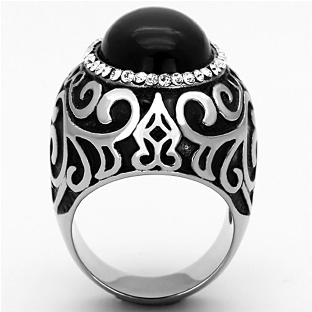 TK1211 - High polished (no plating) Stainless Steel Ring with Synthetic Cat Eye in Jet Alamode