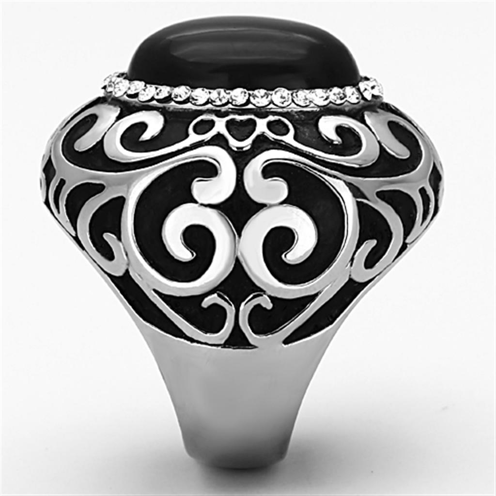 TK1211 - High polished (no plating) Stainless Steel Ring with Synthetic Cat Eye in Jet Alamode