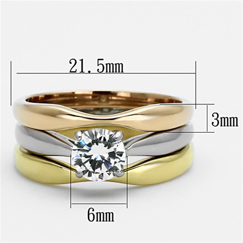 TK1278 - Three Tone (IP Gold & IP Rose Gold & High Polished) Stainless Steel Ring with AAA Grade CZ  in Clear Alamode