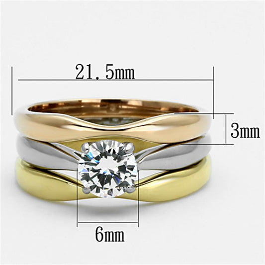 TK1278 - Three Tone (IP Gold & IP Rose Gold & High Polished) Stainless Steel Ring with AAA Grade CZ  in Clear Alamode