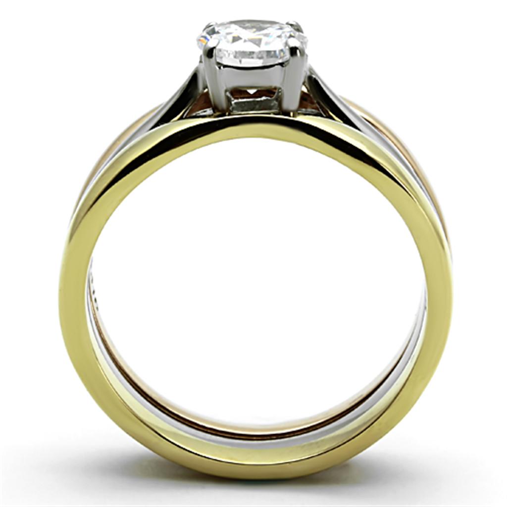 TK1278 - Three Tone (IP Gold & IP Rose Gold & High Polished) Stainless Steel Ring with AAA Grade CZ  in Clear Alamode