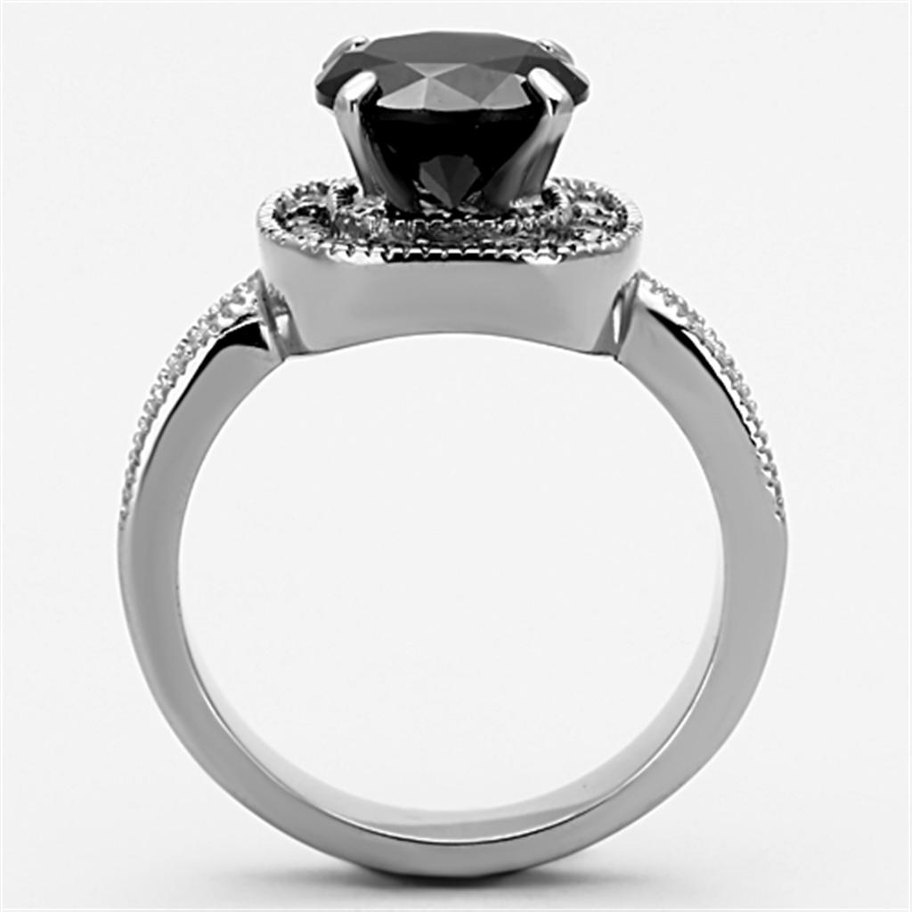 TK1322 - High polished (no plating) Stainless Steel Ring with AAA Grade CZ  in Black Diamond Alamode