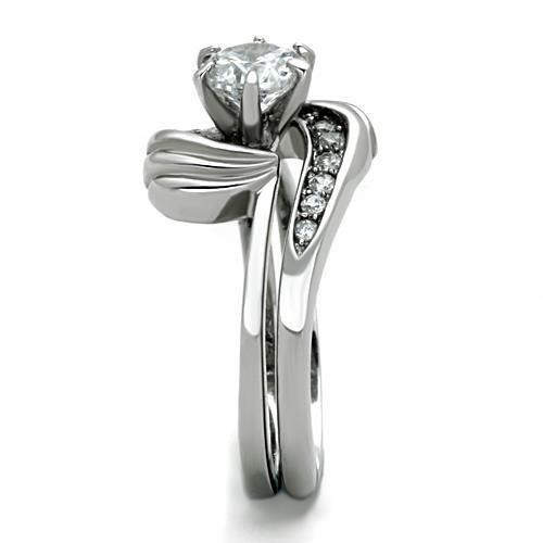 TK1429 - High polished (no plating) Stainless Steel Ring with AAA Grade CZ  in Clear Alamode