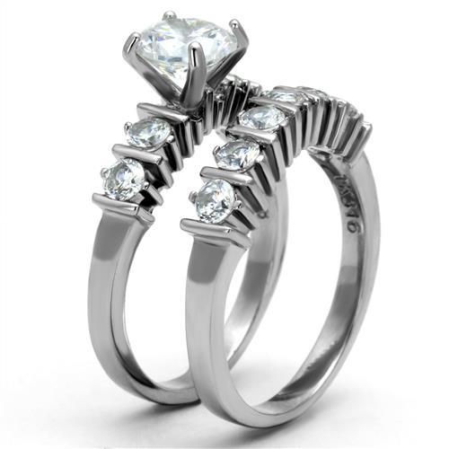 TK2869 - High polished (no plating) Stainless Steel Ring with AAA Grade CZ  in Clear Alamode