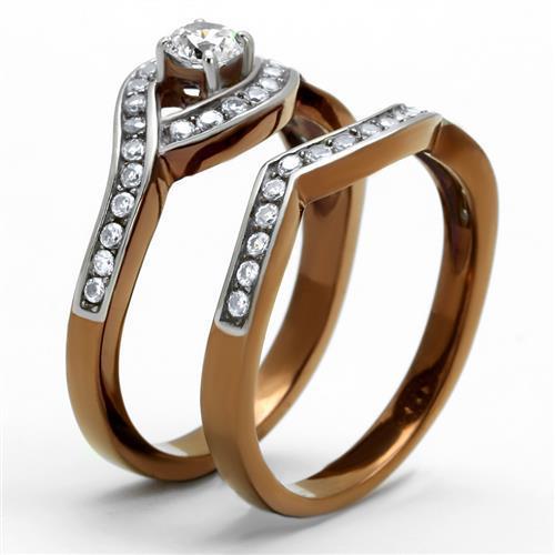 TK2953 - Two Tone IP Light Brown (IP Light coffee) Stainless Steel Ring with AAA Grade CZ  in Clear Alamode