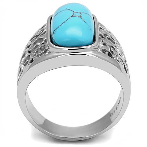 TK3043 - High polished (no plating) Stainless Steel Ring with Synthetic Turquoise in Sea Blue Alamode