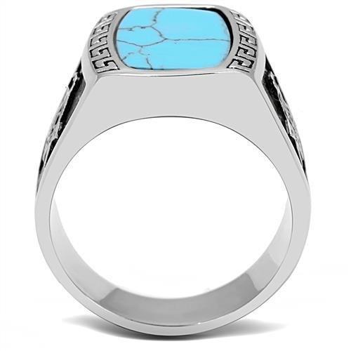 TK3044 - High polished (no plating) Stainless Steel Ring with Synthetic Turquoise in Sea Blue Alamode