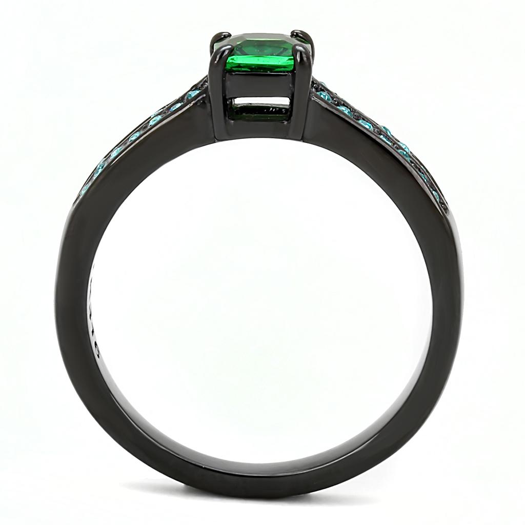 TK3064 - IP Black(Ion Plating) Stainless Steel Ring with Synthetic Synthetic Glass in Emerald Alamode