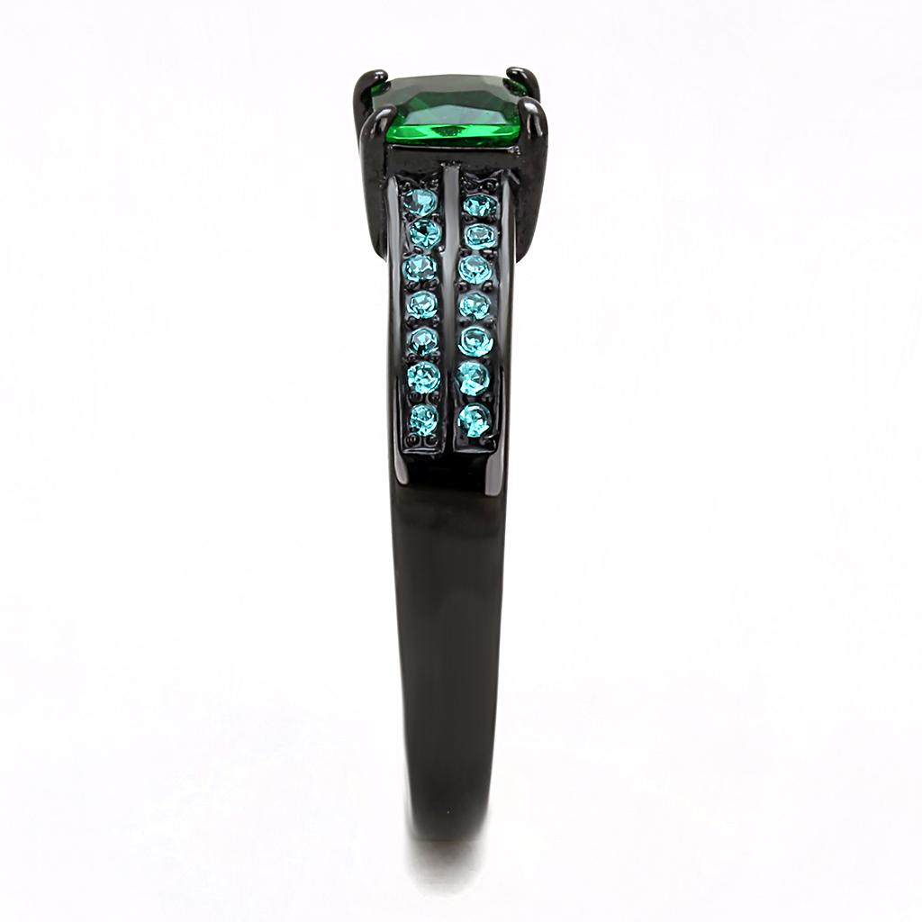 TK3064 - IP Black(Ion Plating) Stainless Steel Ring with Synthetic Synthetic Glass in Emerald Alamode