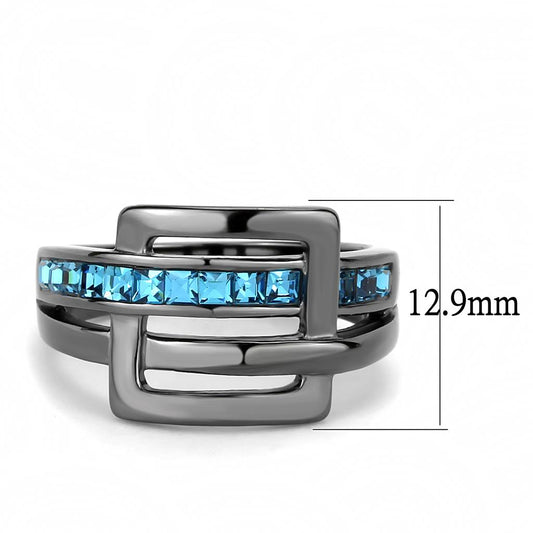 TK3451 - IP Light Black  (IP Gun) Stainless Steel Ring with Top Grade Crystal  in Sea Blue Alamode
