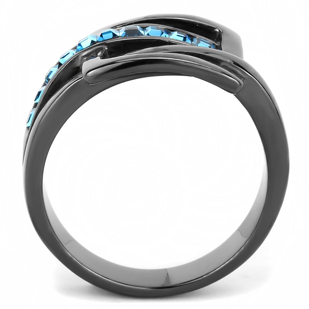 TK3451 - IP Light Black  (IP Gun) Stainless Steel Ring with Top Grade Crystal  in Sea Blue Alamode