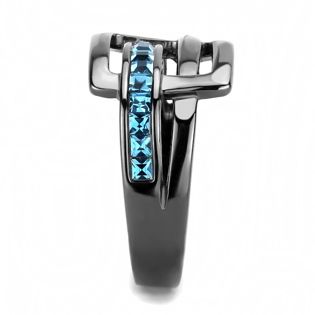 TK3451 - IP Light Black  (IP Gun) Stainless Steel Ring with Top Grade Crystal  in Sea Blue-3