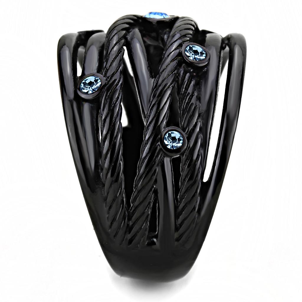 TK3564 - IP Black(Ion Plating) Stainless Steel Ring with Top Grade Crystal  in Sea Blue Alamode