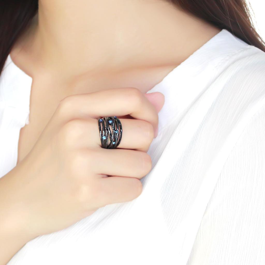 TK3564 - IP Black(Ion Plating) Stainless Steel Ring with Top Grade Crystal  in Sea Blue Alamode