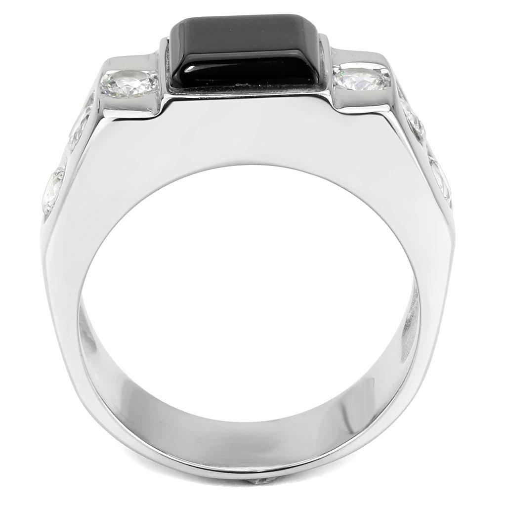 TK3615 - High polished (no plating) Stainless Steel Ring with Synthetic Onyx in Jet Alamode