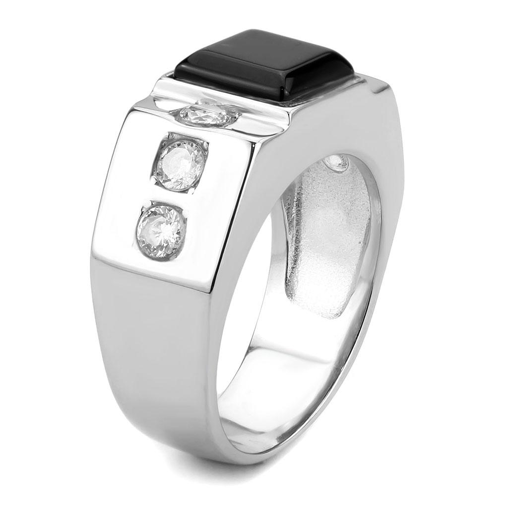 TK3615 - High polished (no plating) Stainless Steel Ring with Synthetic Onyx in Jet Alamode